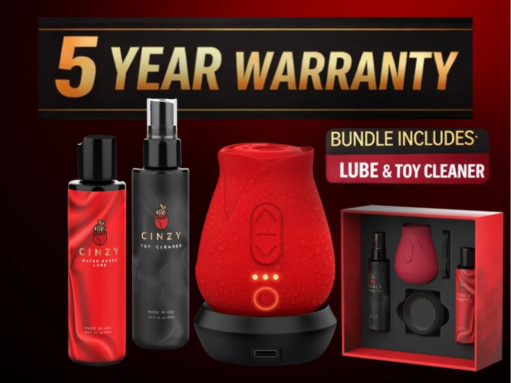 Cinzy Rose Toy bundle with 5-year warranty. Includes the red rose clit stimulator, water-based lube, toy cleaner, magnetic charging base, and luxury gift box. Made in USA products shown with water droplets on the toy.