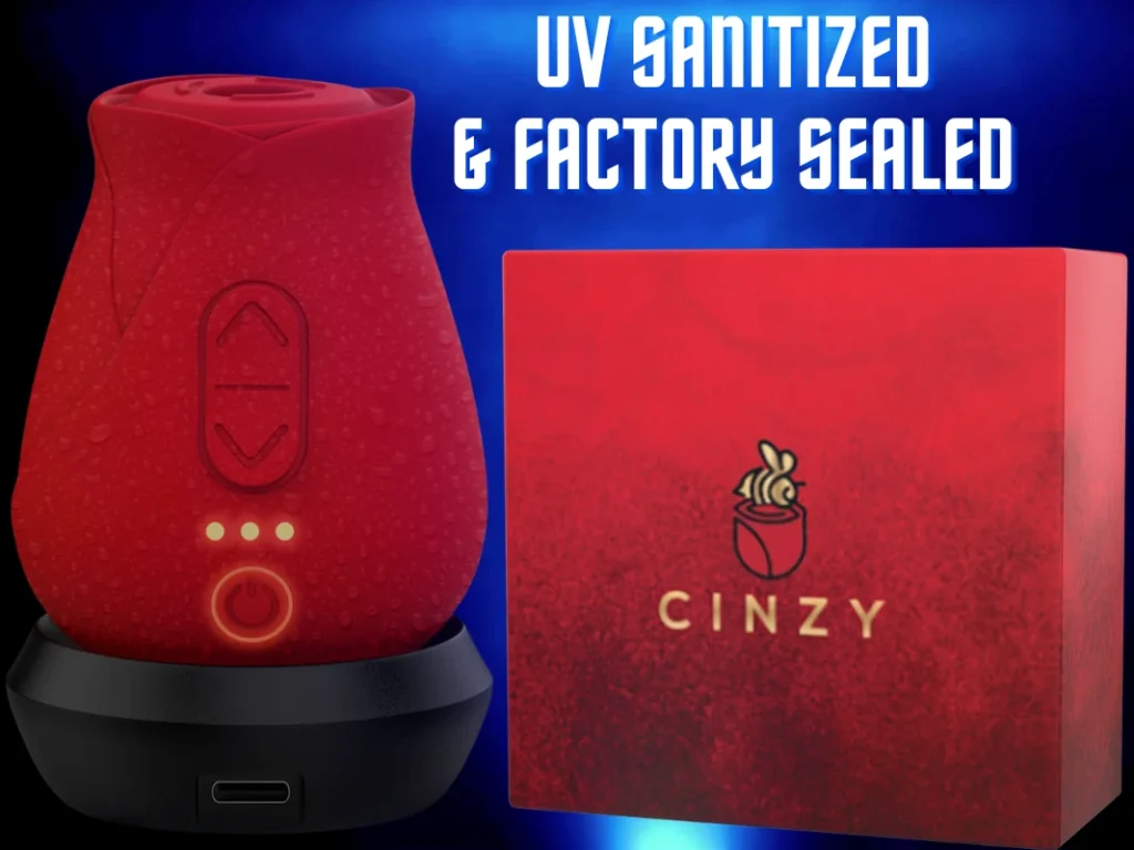 Red Cinzy Rose Toy with water droplets next to its luxury red packaging box. Text highlights 'UV Sanitized & Factory Sealed' for hygiene and safety. Features the signature rose shape and magnetic charging base.