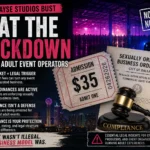 Dallas Spayse Studios police raid scene showing officers outside a warehouse with neon-lit crowd inside, highlighting a $35 ticket admission as the legal trigger in an adult event licensing crackdown