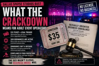 Dallas Spayse Studios police raid scene showing officers outside a warehouse with neon-lit crowd inside, highlighting a $35 ticket admission as the legal trigger in an adult event licensing crackdown