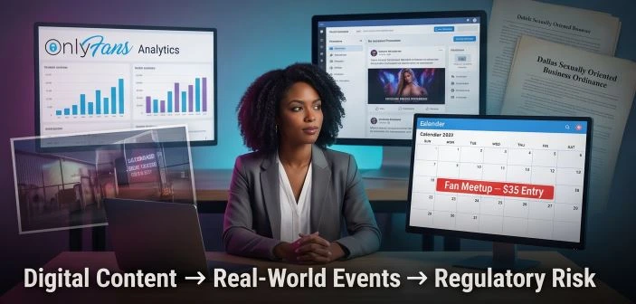 A modern content creator (diverse, professional appearance) sitting at a desk with multiple screens showing OnlyFans analytics, social media promotion, and a calendar with "Fan Meetup –  Entry." In the background, faint outlines of a warehouse event and legal documents. Overlay: "Digital Content → Real-World Events → Regulatory Risk." Style: sleek tech-meets-legal aesthetic, vibrant yet serious tones.