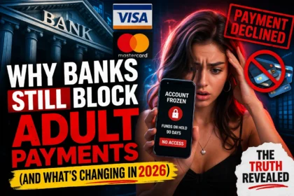 "Frustrated young woman holding a smartphone showing an 'Account Frozen' message with 'Funds on Hold' and 'No Access' notification. Dramatic collage featuring a bank building, Visa and Mastercard logos, and a 'Payment Declined' stamp. Bold red and yellow title: Why Banks Still Block Adult Payments (And What’s Changing in 2026). Cyberpunk style for adult industry payment article."