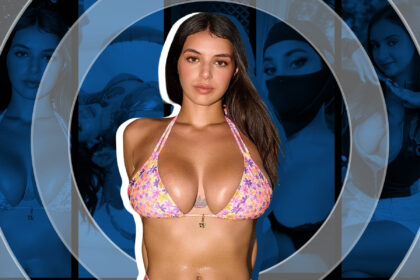 "Stunning Persian model with long dark hair wearing a pink and purple floral bikini, highlighted in the RealGirlsNews Persian Round-Up"