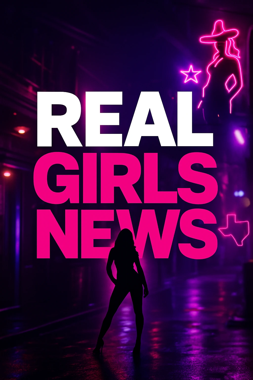 Real Girls News neon cover image with bold white and pink text, silhouette of a woman in heels, cowgirl neon sign, and glowing outline of the United States against a dark, moody street background.