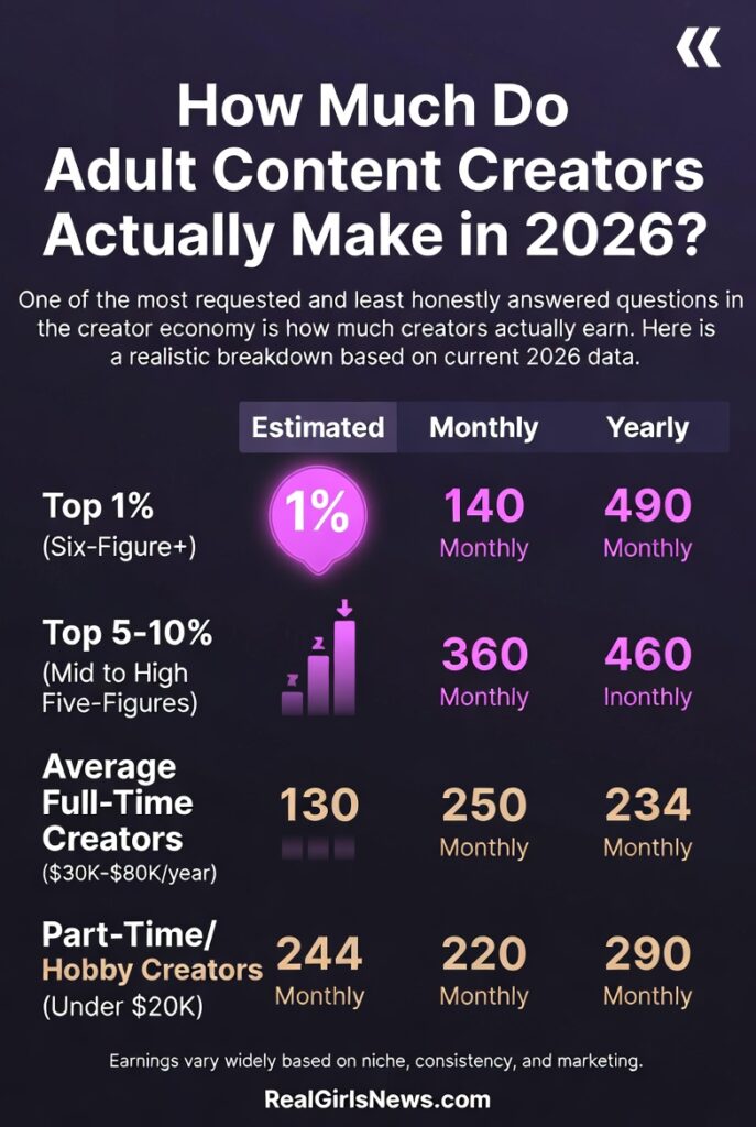 'How Much Do Adult Content Creators Actually Make in 2026 chart earnings breakdown' showing a realistic earnings breakdown by creator tier: Top 1%, Top 5-10%, Average Full-Time Creators, and Part-Time Creators with estimated monthly and yearly income ranges. Realistic 2026 data for the adult creator economy. RealGirlsNews.com"