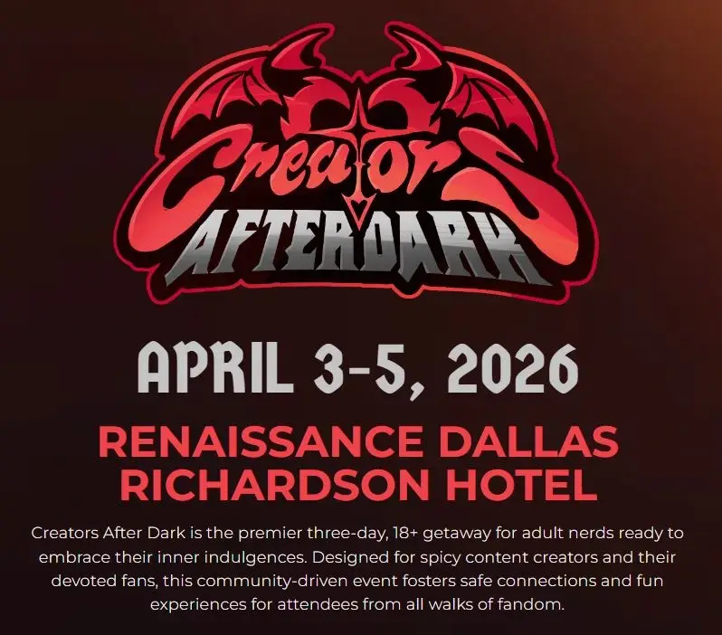 Creators After Dark 2026 event poster with dates April 3 to 5 and Renaissance Dallas Richardson Hotel location
