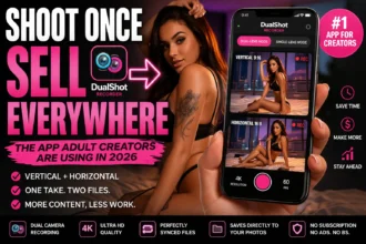 Promotional infographic for DualShot Recorder app titled 'Shoot Once, Publish Everywhere'. The headline highlights how the app changes the adult creator workflow in 2026. A large smartphone on a tripod displays side-by-side vertical 9:16 and horizontal 16:9 video recordings of a woman in black lingerie posing on a bed. Text explains that the app records vertical and horizontal video simultaneously using the iPhone’s dual rear cameras, saving two separate synced files in one take. Features include 4K recording, one-time $6.99 payment, no subscription, and no data collection. A pull quote emphasizes time savings and profit for creators. The layout includes detailed text sections about the app’s benefits specifically for adult content creators, developed by LA-based creator Derrick Downey Jr.