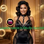 Curvy model with caramel skin and sleek ponytail, in a high-end leather harness set, standing powerfully with hands on hips. Floating tiered NFT badges (basic/mid/top) orbit her like jewelry. Studio lighting with rim light for a sculpted, high-fashion look. Confident direct gaze. Elegant "ATL" overlay in gold at the bottom.