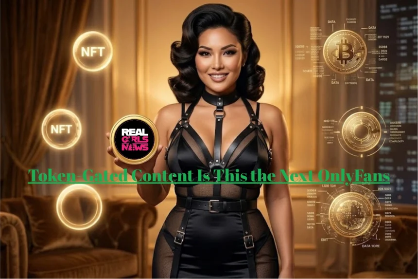 Curvy model with caramel skin and sleek ponytail, in a high-end leather harness set, standing powerfully with hands on hips. Floating tiered NFT badges (basic/mid/top) orbit her like jewelry. Studio lighting with rim light for a sculpted, high-fashion look. Confident direct gaze. Elegant "ATL" overlay in gold at the bottom.