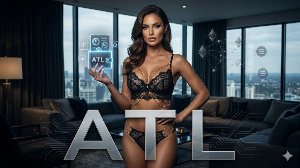 Platinum blonde with smoky eyes and glossy skin, reclining luxuriously on a chaise lounge in diamond-embellished lingerie. Glowing royalty streams and appreciating value particles surround her. Rich red and black palette with soft, sensual studio lighting. Powerful, financially empowered expression. Subtle "ATL" in script with particle effects.