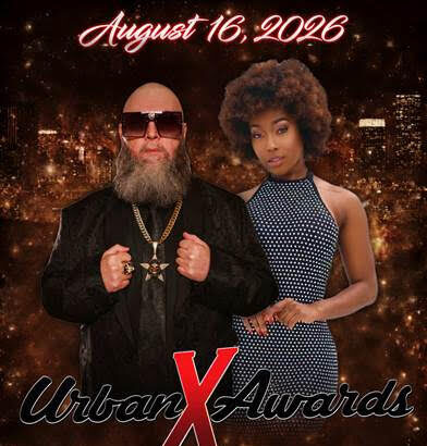 Urban X Awards 2026 promotional poster featuring hosts Ivan and Chocolate Goddess, with event date August 16, 2026, at The Regent Theater in Los Angeles