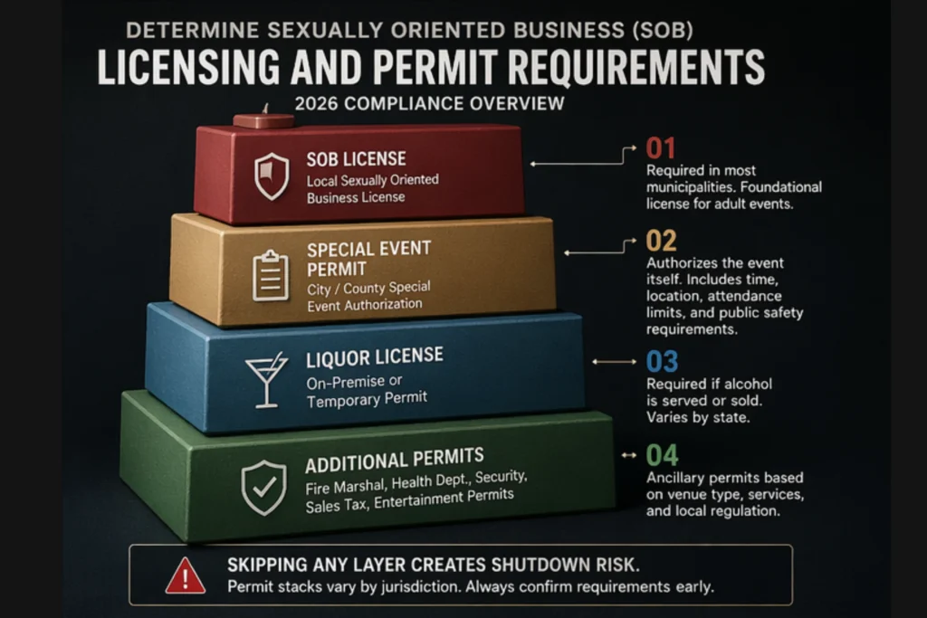 Chart showing adult event types organized by legal risk tier, from licensed venues at the lower end to private member events at the highest misunderstood risk
