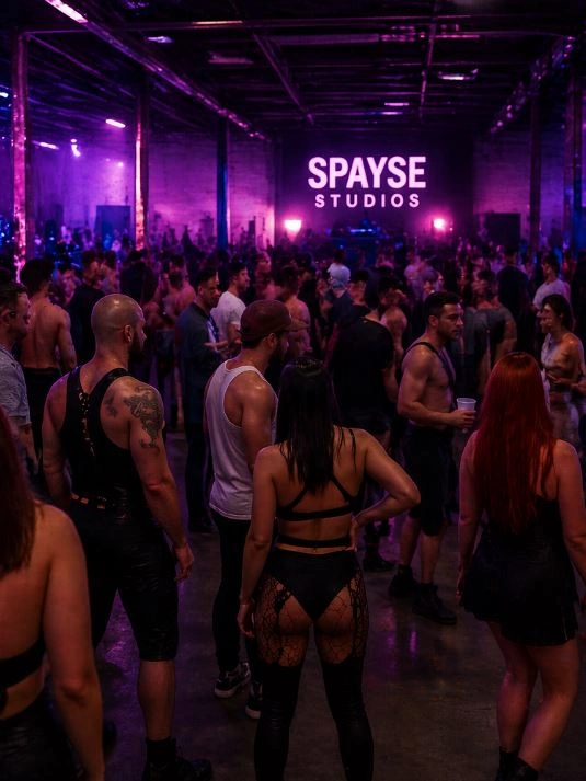 Crowd of adults attending a neon-lit warehouse event in Dallas, illustrating a ticketed private gathering linked to adult event licensing concerns