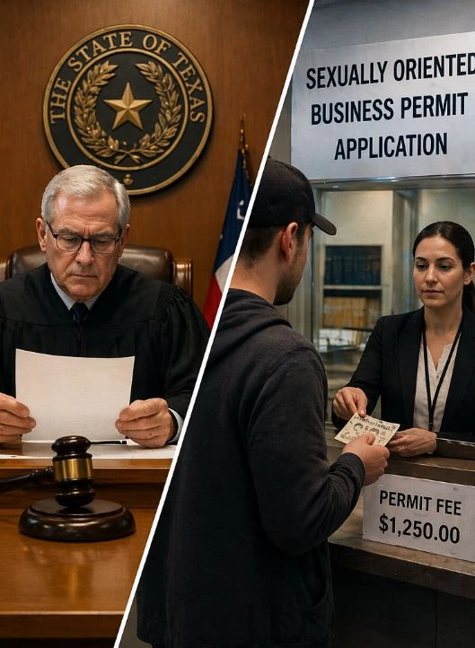 Judge reviewing documents in a courtroom alongside a permit counter where a fee is being paid, representing legal requirements and licensing for adult event businesses