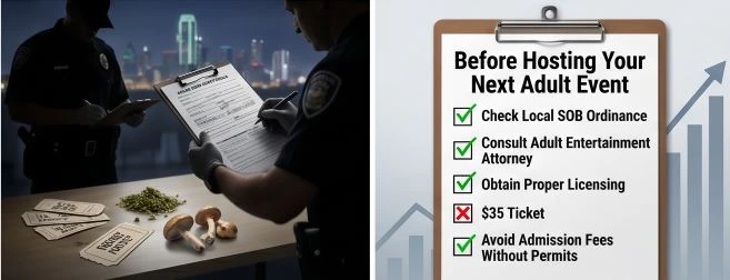 Symbolic representation of the raid: Police officers (silhouetted for sensitivity) examining a clipboard with arrest details, while scattered event tickets, a small amount of marijuana, and mushrooms are visible on a table (tastefully blurred/non-graphic). Background includes a faint Dallas skyline. Style: realistic but non-sensational news photography style, muted colors, focus on evidence and paperwork.