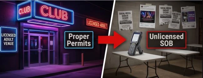 Split-image design: Left side shows a professional licensed adult venue (neon-lit club exterior with proper signage and permits). Right side shows an informal warehouse party setup with folding tables, a basic ticketing scanner, and social media promo flyers. A bold red arrow points from the right side to a "Unlicensed SOB" warning label. Style: clean infographic-style comparison, high contrast.