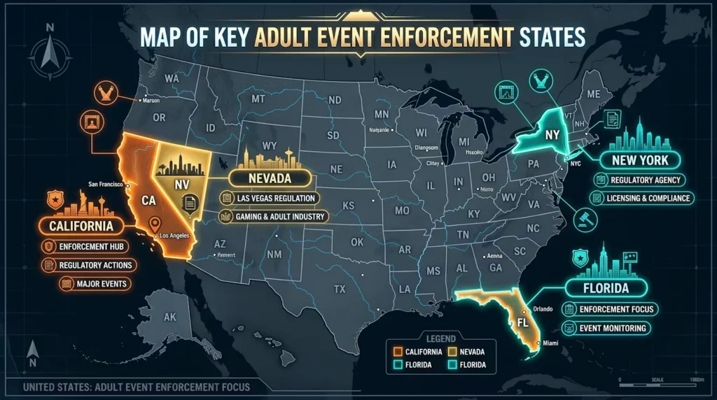 Map of the United States highlighting key adult event enforcement states including California, Florida, Nevada, and New York