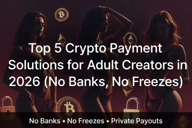 Top 5 Crypto Payment Solutions for Adult Creators in 2026 (No Banks, No Freezes). Wide promotional banner featuring elegant women in lingerie, Bitcoin and Ethereum symbols, and secure padlock icons highlighting private payouts without banks or freezes.