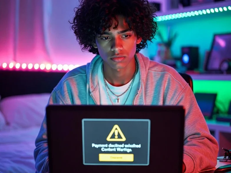 Young Gen Z man with curly hair sitting stressed at his laptop in a colorful LED-lit room. The screen shows a 'Payment Declined' warning due to content restrictions. Neon pink and blue lighting creates a modern, relatable scene of platform payment pressure for adult creators.