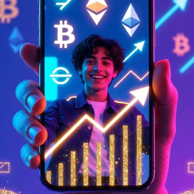 Smiling Gen Z man holding up a smartphone proudly displaying glowing Bitcoin, Ethereum, and other crypto icons with upward trending arrows. Bright optimistic neon purple and blue background with sparkling blockchain elements. Symbolizes financial freedom and crypto alternatives to traditional banking for adult payments.